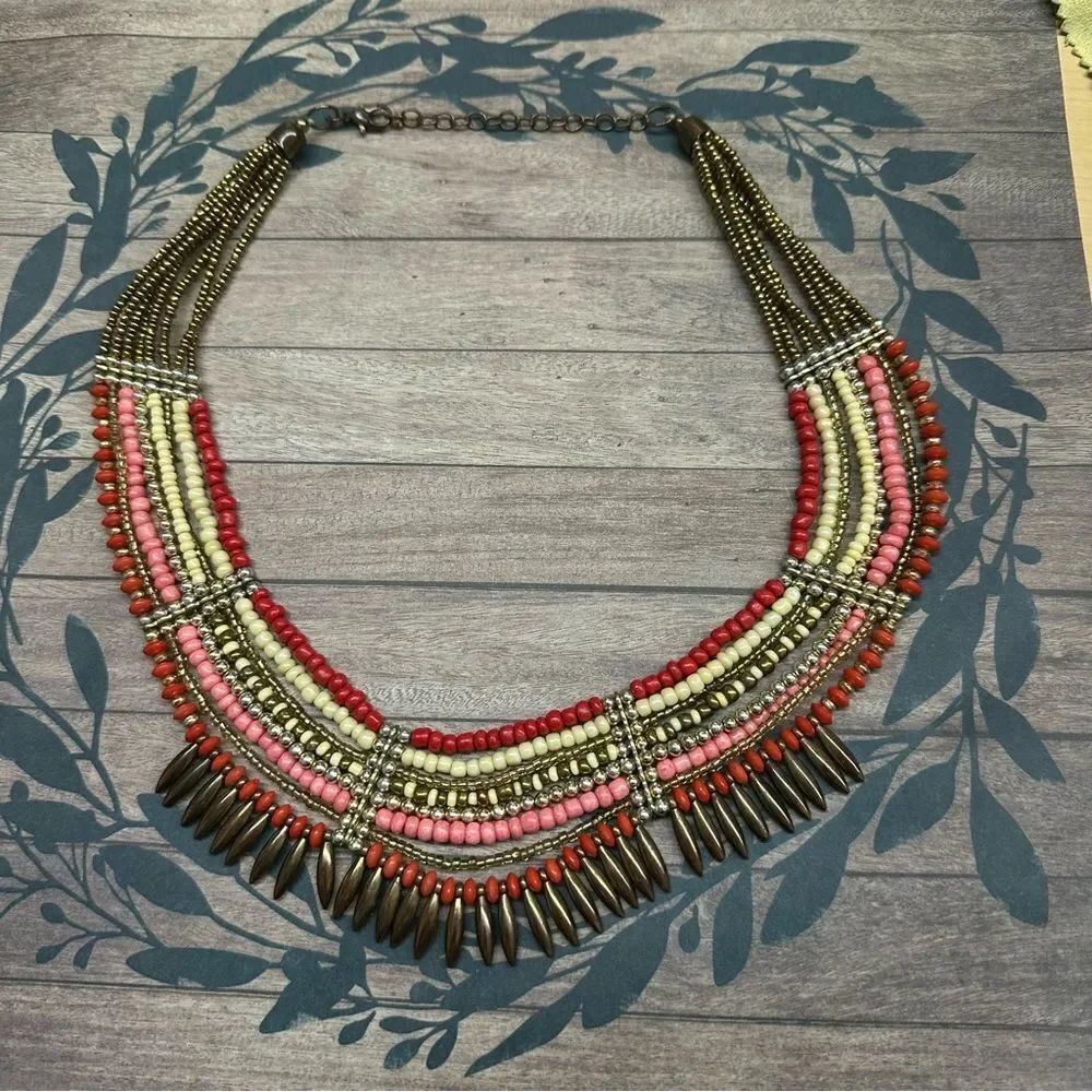 Boho Tribal Multistrand Pink Red Ivory Gold Copper Beaded Necklace 19 In. B3